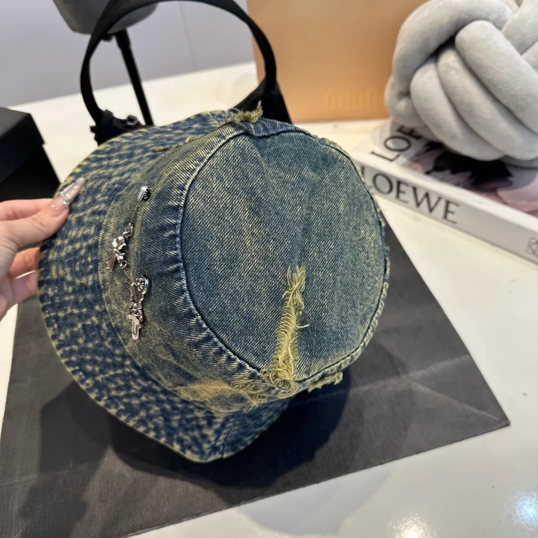 P60 Croxin spring and summer new denim fisherman hat, retro old street style, washed and torn edges, photo-taking item